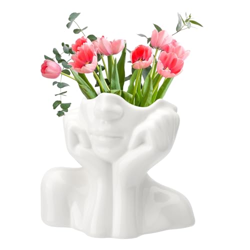 TNSLAND Blumenvase, Tulpenvase Keramikvase, 14 x 12.5 cm Blumentopf Kopf, Blumenvase Weiß, Blumentopf mit Gesicht, Aesthetic Modern Blumenvase, Vasen Deko für Wohnzimmer Tischdekoration Schreibtisch von TNSLAND