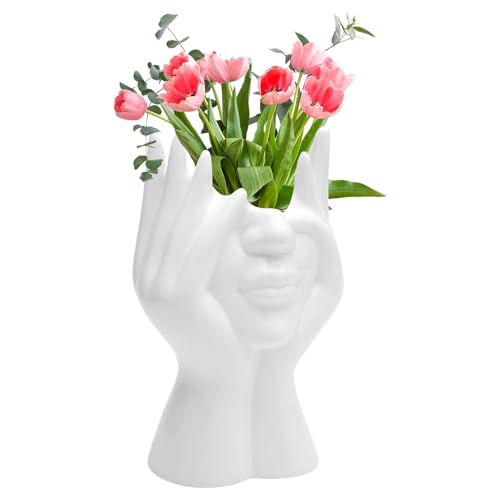 TNSLAND Blumenvase, Tulpenvase Keramikvase, 19 x 9 cm Blumentopf Kopf, Blumenvase Weiß, Blumentopf mit Gesicht, Aesthetic Modern Blumenvase, Vasen Deko für Wohnzimmer Tischdekoration Schreibtisch von TNSLAND