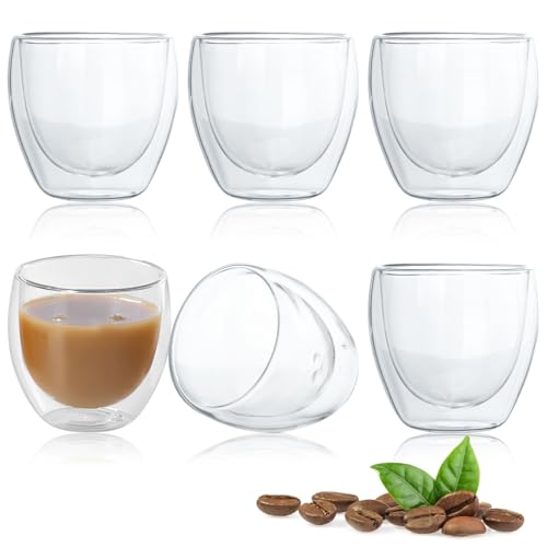 TNSLAND Espressotassen Glas 6er Set Espresso Gläser Thermogläser Doppelwandige Gläser Hitzebeständig mit Schwebeeffekt Tassen Dessertgläser Glas Mokkatassen aus Borosilikatglas 250 ml von TNSLAND