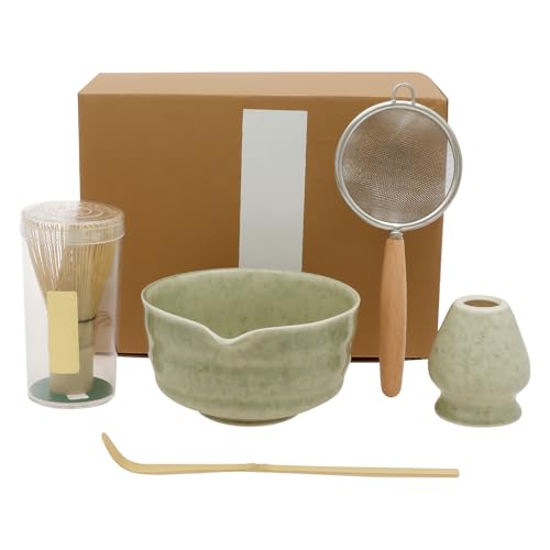 5 Stück Matcha Set,Keramik Matcha Schüssel mit Ausgießer,Kapazität 520ml,Traditionelle Rührschüssel,Besen Set mit Ständer,Schaufel,Sieb,Keramik Filter für ultimative Erfahrung(Grüner Tee) von TNTGMG