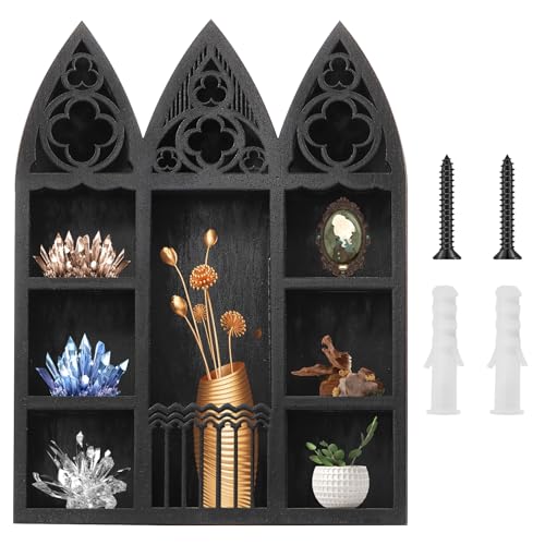 Crystal Display Regal,Holz Edelstein Stein Lagerung Halter, Wandmontage Schwarz Fenster Kristall Halter Veranstalter, Schrank für Edelstein Stein,Spirituelle Wohnzimmer Dekor (Dreifaches Fenster) von TNTGMG