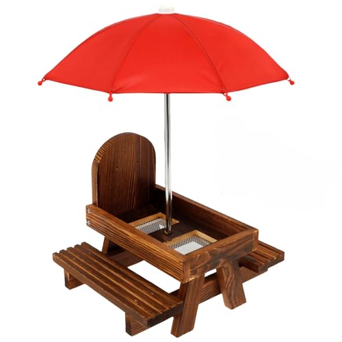 Eichhörnchen Futterhaus Wetterfest mit Regenschirm,34×21×18 cm,Eichhörnchenfutterhaus für draußen Lustiger Picknicktisch mit Solider Struktur Chipmunk Futterhaus mit Maiskolbenhalterung von TNTGMG
