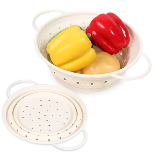 Spülbeckensieb,2 Stück Silikon-Lebensmittelsieb-Set mit 2 Größen, Zusammenklappbarer Küchensieb-Korb,28/33,5cm haltbares Reis- und Nudelsieb mit Griff für Küche und Reise(Weiß) von TNTGMG