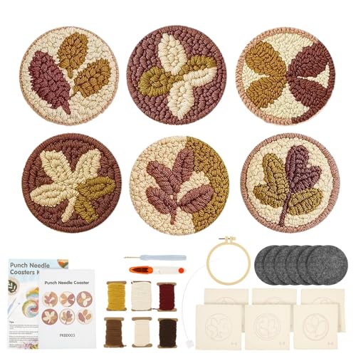 TNTGMG 6 Stück Punch Needle Untersetzer Set,Stanznadel-Kit für Erwachsene und Anfänger, DIY-Stickerei-Set mit Mustern, Werkzeuge, Garne, Schere, Anleitungen für Kunsthandwerk liefert von TNTGMG