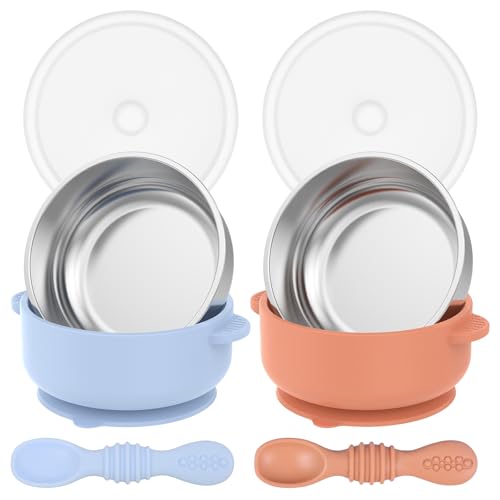 TNTGMG Baby Schalen,2 Stück 300ml Edelstahl Schalen mit Abnehmbaren Bunten Silikon Sauger und Deckel,Löffel,Unzerbrechlich Baby Utensilien Fütterung liefert,Ungiftig Snack Container für Kleinkinder von TNTGMG