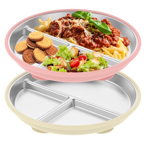 TNTGMG Kleinkindteller aus Edelstahl, 2PCS geteilte Saugnapf-Babyteller mit Silikonhüllen, 22,8×22,8×2,5 cm, BPA-frei, rutschfestes, unzerbrechliches Kinder-Snackgeschirr für Kinder von TNTGMG