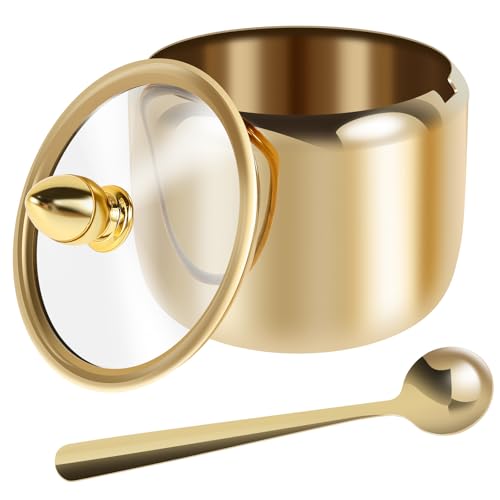 TNTGMG Zuckerdose,Edelstahl Zuckertopf mit Deckel und Löffel, 296ml Gold Zuckerkanister,Modernes Bauernhaus Aufbewahrungsgefäß für Kaffee Bar Zubehör Kaffeedose Küche Arbeitsplatte Dekor von TNTGMG