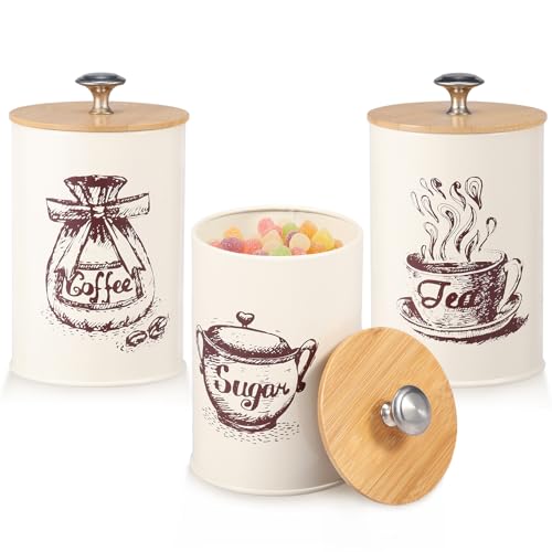 Tee-Kaffee-Zucker-Kanister,3 Stück 1000ml Metall Küche Lagerung Jar Set mit luftdichten hölzernen Deckel,13×9,5 cm, Arbeitsplatte Quadrat Tee-Kanister für losen Tee,Kaffee, Süßigkeiten,Kräuter (Beige) von TNTGMG