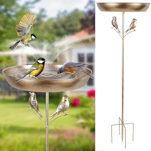 Vogeltränke Stehend 82x30.5x30.5cm Vintage Freistehende Vogelbad für Draußen,Dekorative Metall Vogeltränke Futterschalen mit stabilen Upgrades Pfahl,Abnehmbare Vogelfutterspender(Doppelter Vogel) von TNTGMG