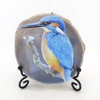 Achatscheibe, Eisvogel, Vogel, Tier, Foto, Edelstein, Exemplar, Mineral, Blau, Gelb, Grau, #r-3185 von TNTMineCo