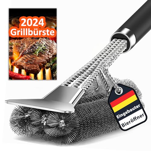 Grillbürste, Update Grill Reinigungsbürste mit Edelstahl Bieröffner, Spatel und Borsten. PP Wärmedämmung Griff, für Gasgrill, Holzkohlegrill, Kugelgrill, Elektrogrill und Grillrost. von TNTOR