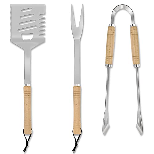 TNTOR 3 teilig BBQ Grillbesteck Set, Barbecue Tool Set mit Grillzange, 4 in1 Spatula（Pfannenwender, Schaber, Fleischsäge, Flaschenöffner），Fleischgabel, aus Holz und Edelstahl von TNTOR