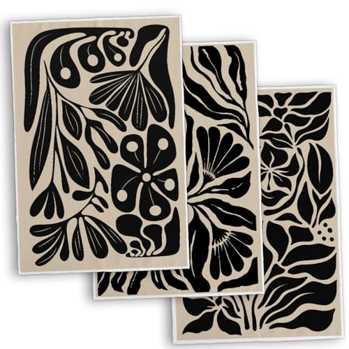 TNUW Boho Floral Küchentücher, 40,6 x 61 cm, 3 Stück, schwarze florale Handtücher für Küche, Badezimmer, Boho, abstrakte Blume, Geschirrtücher von TNUW