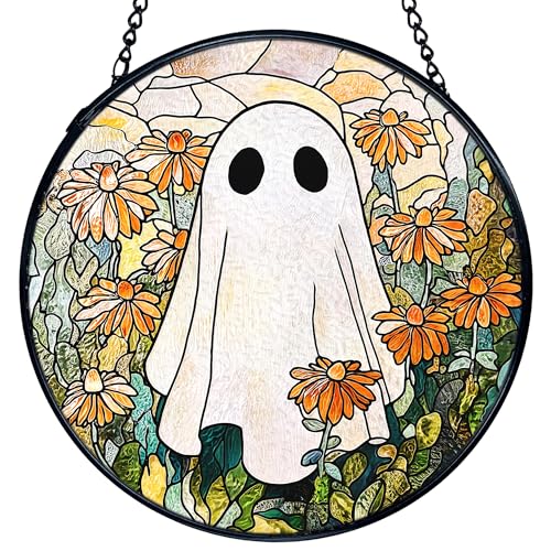 TNUW Halloween-Geist, Buntglas-Fensterdekoration, Geisterblumen, Sonnenfänger, Innenfenster, Glas, runde Wandkunst, Halloween-Blumen-Wandbehang, Dekorationen, 20,1 x 20,1 cm TNUW Halloween-Geist, Buntglas-Fensterdekoration, Geisterblumen, Sonnenfänger, Innenfenster, Glas, runde Wandkunst, Halloween-Blumen-Wandbehang, Dekorationen, 20,1 x 20,1 cm von TNUW