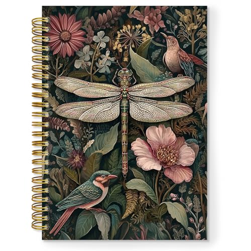 TNUW Vintage Dragonfly Floral Spiral Notebook, William Morris Cottagecore Flower Journal Notebooks for Note Taking, Dragonfly Gifts for Women, Retro Floral Hardcover Notebook Journal, 5.5x8.3 Inch von TNUW