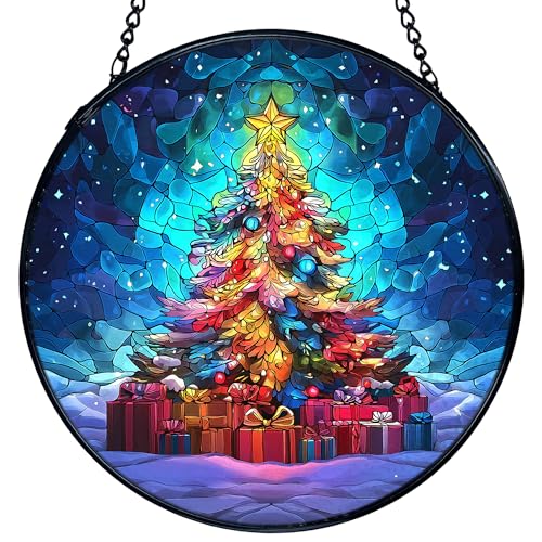 TNUW Weihnachtsbaum-Buntglas-Fensterbehang, rustikaler Winterurlaub, Weihnachtsbaum-Sonnenfänger, Innenfenster, Glas, runde Wandkunst, Weihnachtsdekoration, 20,1 x 20,1 cm TNUW Weihnachtsbaum-Buntglas-Fensterbehang, rustikaler Winterurlaub, Weihnachtsbaum-Sonnenfänger, Innenfenster, Glas, runde Wandkunst, Weihnachtsdekoration, 20,1 x 20,1 cm von TNUW