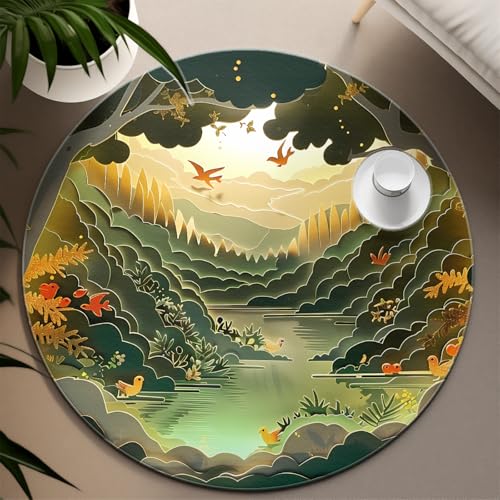 3D-Druck Runde Teppiche für das Wohnzimmer 60cm Traumhafte grüne Waldlandschaft Rutschfester waschbarer niederfloriger runder Teppich für den Home-Office-Eingang von TOANGWALL