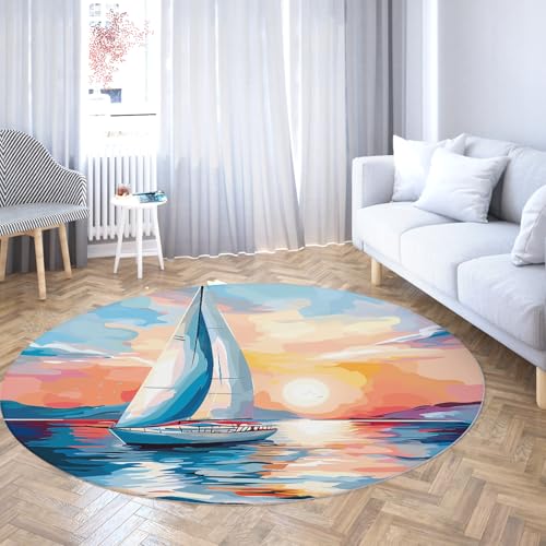 Aquarellstil waschbarer runder Teppich 70cm Sonnenuntergangslandschaft Segelboot auf dem Meer rutschfester Teppich für den Innenbereich Bodenmatten mit niedrigem Flor für den Eingangsbereich von TOANGWALL