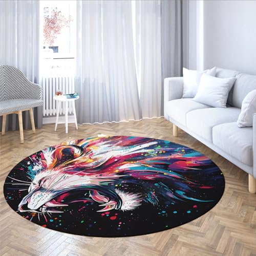 Bunter Graffiti Kunst Runder Teppich 60cm Roaring Lion Muster Druck Rutschfester niedriger Flor Faltbarer Nicht haarender Wurf Kreis Teppich für Schlafzimmer von TOANGWALL