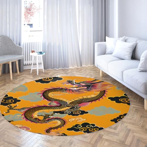 Gelber runder Teppich 150cm Cartoon Dragon Muster waschbar weicher niedriger Flor Rutschfester Innenkreis für Schrank Badezimmer Zuhause Flur Spielzimmer von TOANGWALL