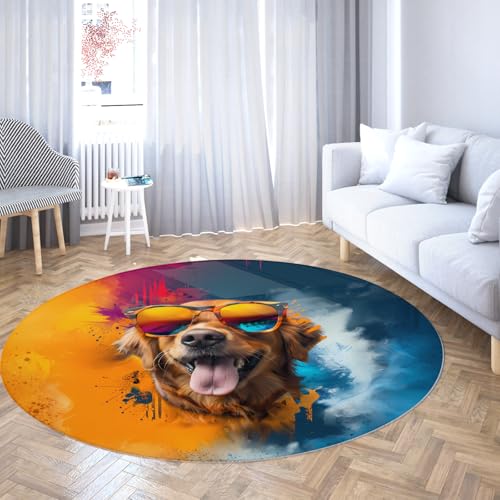 Graffiti Art Hund Runde Teppiche für Wohnzimmer Golden Retriever Indoor Outdoor Dekor Flachflor Runder Teppich für Home Office Eingang 80cm von TOANGWALL