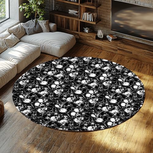 Halloween-Rundteppich 160cm Totenkopf und Ranken Muster waschbar weich niedrigflorig rutschfeste Innenkreismatte für Schrank Badezimmer Flur Spielzimmer von TOANGWALL