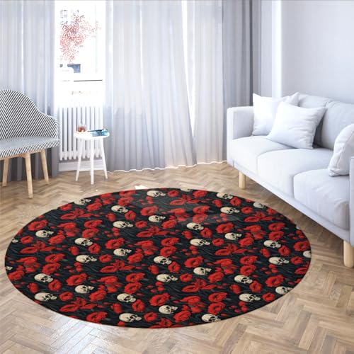 Horror Grotesk Stil Runder Teppich 200cm Rote Blumen und Totenkopf Muster Rutschfester niedrigfloriger Innenboden Kreis Teppich für Wohnzimmer Esszimmer Horror Grotesk Stil Runder Teppich 200cm Rote Blumen und Totenkopf Muster Rutschfester niedrigfloriger Innenboden Kreis Teppich für Wohnzimmer Esszimmer von TOANGWALL