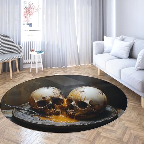 Horror Theme Rutschfester runder Teppich 70cm Totenkopf auf einem Tellermuster Indoor waschbarer niederfloriger runder Teppich für Wohnzimmer Küche Schlafzimmer von TOANGWALL