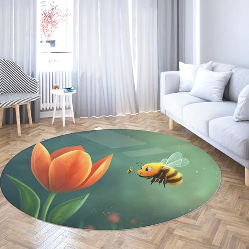 Lustige runde Teppiche 100cm Orange Tulpe Blumen Niedliche Biene waschbar Rutschfester weicher niedrigfloriger Wurf Kreis Teppich für Schlafzimmer Sofa Konferenzraum von TOANGWALL
