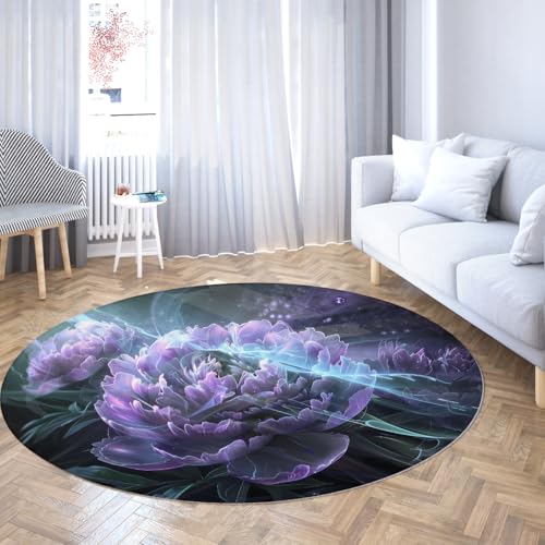 Runder Teppich im traumhaften Stil 130cm blühendes lila Lotusmuster waschbarer Rutschfester niedriger Flor Faltbarer Nicht haarender Wurfkreisteppich für Schlafzimmer von TOANGWALL