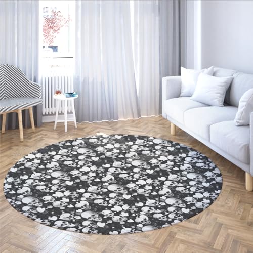 Schwarz-weiße runde Teppiche 60cm Totenkopf und Herzmuster waschbarer Rutschfester weicher niedriger Florwurf Kreisteppich für Esszimmer Gästezimmer Schwarz-weiße runde Teppiche 60cm Totenkopf und Herzmuster waschbarer Rutschfester weicher niedriger Florwurf Kreisteppich für Esszimmer Gästezimmer von TOANGWALL