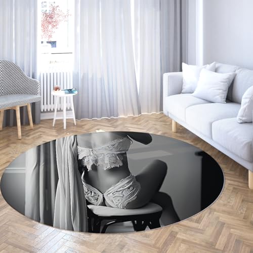 Schwarz-weiße runde Teppiche 80cm Porträt Einer Frau Rutschfester waschbarer Innendekorationsteppich weicher niederfloriger runder Teppich für den Home-Office-Eingang von TOANGWALL