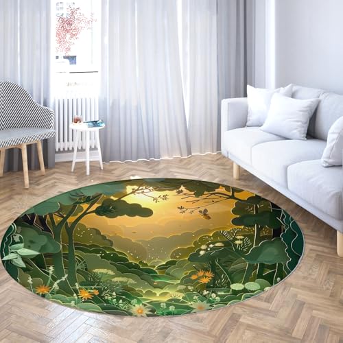 TOANGWALL 3D Origami Art Runder Teppich Fantasy Forest Waschbar Weicher niedriger Flor Anti-Rutsch Indoor Circle Matte für Schrank Badezimmer Zuhause Flur Spielzimmer 240cm von TOANGWALL