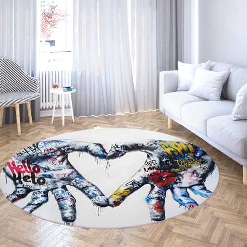 TOANGWALL Ästhetisches Design waschbarer runder Teppich 140cm Graffiti Hände die EIN Herz Machen Rutschfester Innenbereich mit niedrigem Florbodenteppich für den Eingangsbereich Esszimmer von TOANGWALL