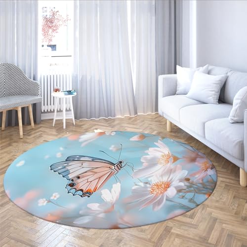 TOANGWALL Ästhetisches Design waschbarer runder Teppich 200cm Frühlingsblumen und Schmetterlinge Rutschfester Teppich Bodenmatten für den Innenbereich weicher niedriger Flor für das Esszimmer von TOANGWALL