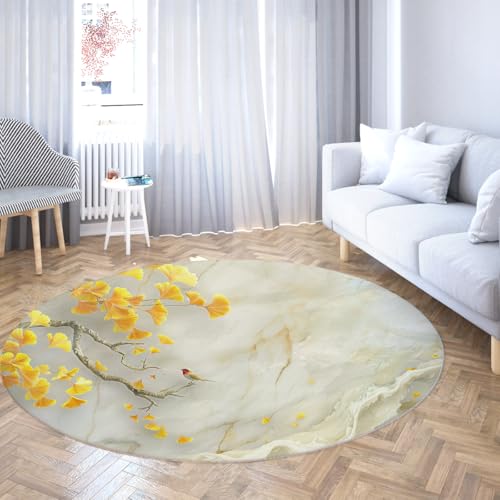 TOANGWALL Abstrakte runde Teppiche mit Marmorstruktur 60cm niedlicher Vogel und Ginkgoblätter waschbarer Rutschfester weicher niedrigfloriger Wurfkreisteppich für das Esszimmer von TOANGWALL