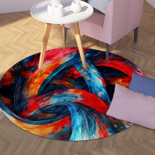 TOANGWALL Abstrakter waschbarer runder Teppich 60cm Bunte Pinselstrich-Liniendrucke Rutschfester niedrigfloriger Innenboden-Kreisteppich für Schlafzimmer Wohnzimmer von TOANGWALL