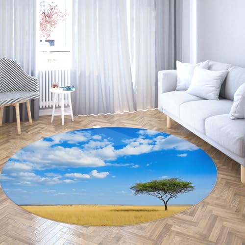 TOANGWALL Afrikanische Graslandschaften Runder Teppich 80cm Wildnis Blauer Himmel Bäume Landschaft Waschbarer Rutschfester niedriger Flor Faltbarer Nicht haarender Kreisteppich für Cafe von TOANGWALL