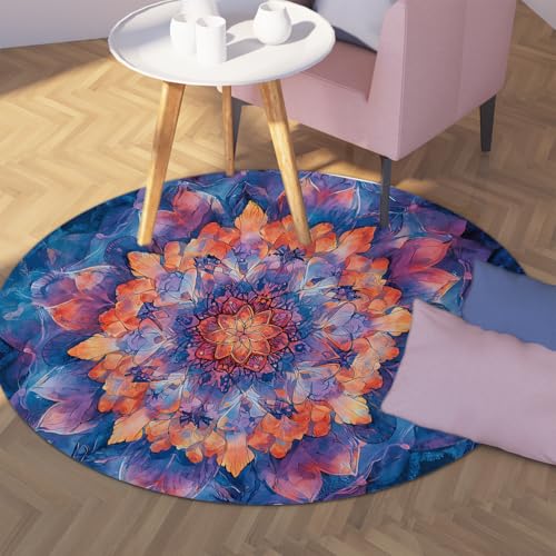 TOANGWALL Aquarell Stil Runde Teppiche 60cm Abstraktes Boho Blumenmuster Waschbarer Rutschfester dünner Teppich für Klassenzimmer Kleinkind Kinderzimmer Dekorativ von TOANGWALL