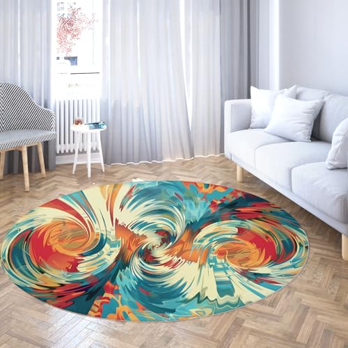 TOANGWALL Aquarell Stil Runder Teppich 70cm Abstrakter bunter Linie Wirbel Druck Rutschfester waschbarer Bodenteppich für Wohnzimmer Schlafzimmer Veranda Schlafsaal Dekor von TOANGWALL