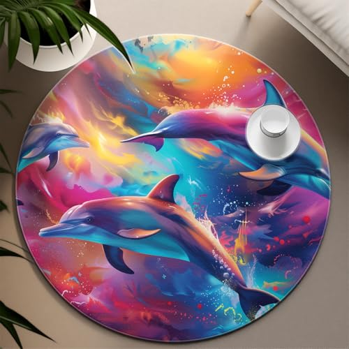 TOANGWALL Aquarell Stil Runder Teppich 80cm Niedlicher verträumter Delphin Druck Maschinenwaschbar Rutschfester niedriger Flor Nicht verschüttet Throw Circle Teppich für Deck Patio von TOANGWALL