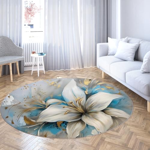 TOANGWALL Aquarellstil waschbarer runder Teppich 170cm Lily Flowers Wohnzimmer Rutschfester Teppich für den Innenbereich Fußmatten weicher niedriger Flor für den Eingangsbereich Esszimmer von TOANGWALL