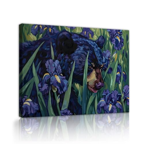 TOANGWALL Berühmter Malstil Druck auf Leinwand Wand Kunstdruck Abstrakte Orchidee und Tier Schwarzbär Poster Malerei Bild für Veranda Dekor 50x60cm Innenrahmen von TOANGWALL