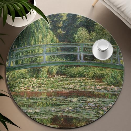 TOANGWALL Berühmter Malstil Runder Teppich 140cm Brücke über einen Teich von Seerosen Rutschfester Kreisteppich Innenwaschbare Türmatte für Mudroom Apartment von TOANGWALL