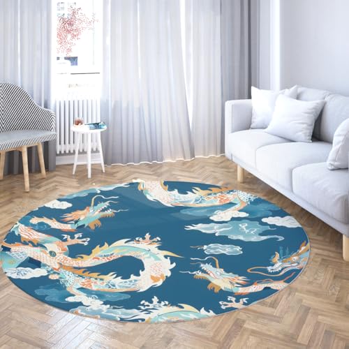 TOANGWALL Blaue runde Teppiche für das Kinderzimmer 80cm Chinesisches Drachenmuster Maschinenwaschbarer Boden Rutschfester Kreisteppich für Waschküche Esszimmer von TOANGWALL