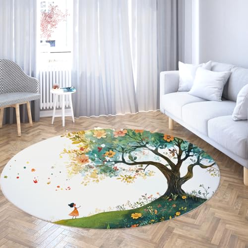 TOANGWALL Boho Style Waschbarer Runder Teppich 90cm Frühling Bäume Wildblumen Mädchen rutschfeste Bodenmatten für den Innenbereich Weicher niedriger Flor für den Eingangsbereich Esszimmer von TOANGWALL