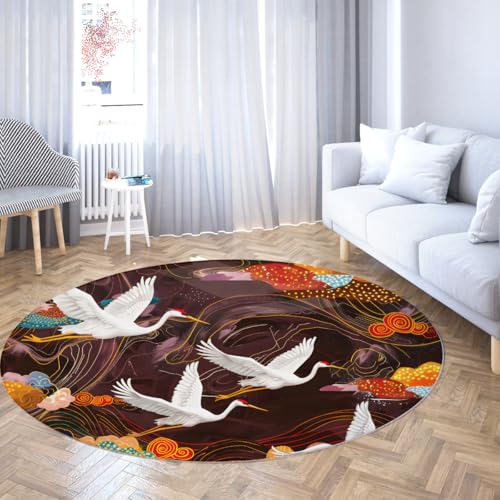 TOANGWALL Brauner runder Teppich 100cm abstrakte Textur weißes Kranichmuster rutschfeste Kinderzimmer Indoor waschbare Kreis Türmatte für Mudroom Apartment Home von TOANGWALL