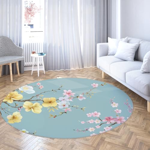 TOANGWALL Bunte Pfirsichblüten Runde Teppiche 160cm waschbar rutschfest weicher niedrigfloriger Minimalismus Wurf Kreis Teppich für Sofa Konferenzraum Esszimmer von TOANGWALL