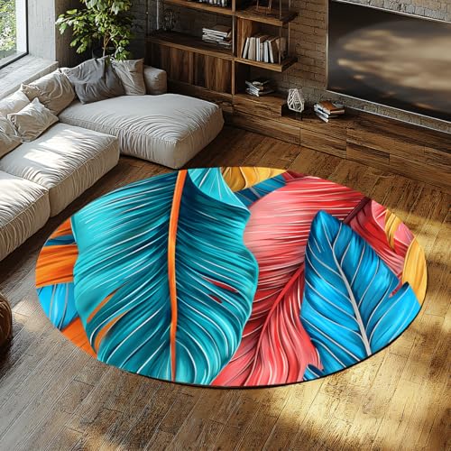 TOANGWALL Bunter waschbarer runder Teppich 60cm Abstrakte Tropische Blätter Muster rutschfeste Bodenmatten für den Innenbereich Weicher niedriger Flor für den Eingangsbereich Esszimmer von TOANGWALL