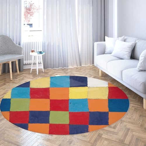 TOANGWALL Colorful Style Runde Teppiche 240cm Waschbar rutschfest Weich LowPile Abstrakter geometrischer Gitterwurf Kreis Teppich für Schlafzimmer Sofa Konferenzraum von TOANGWALL
